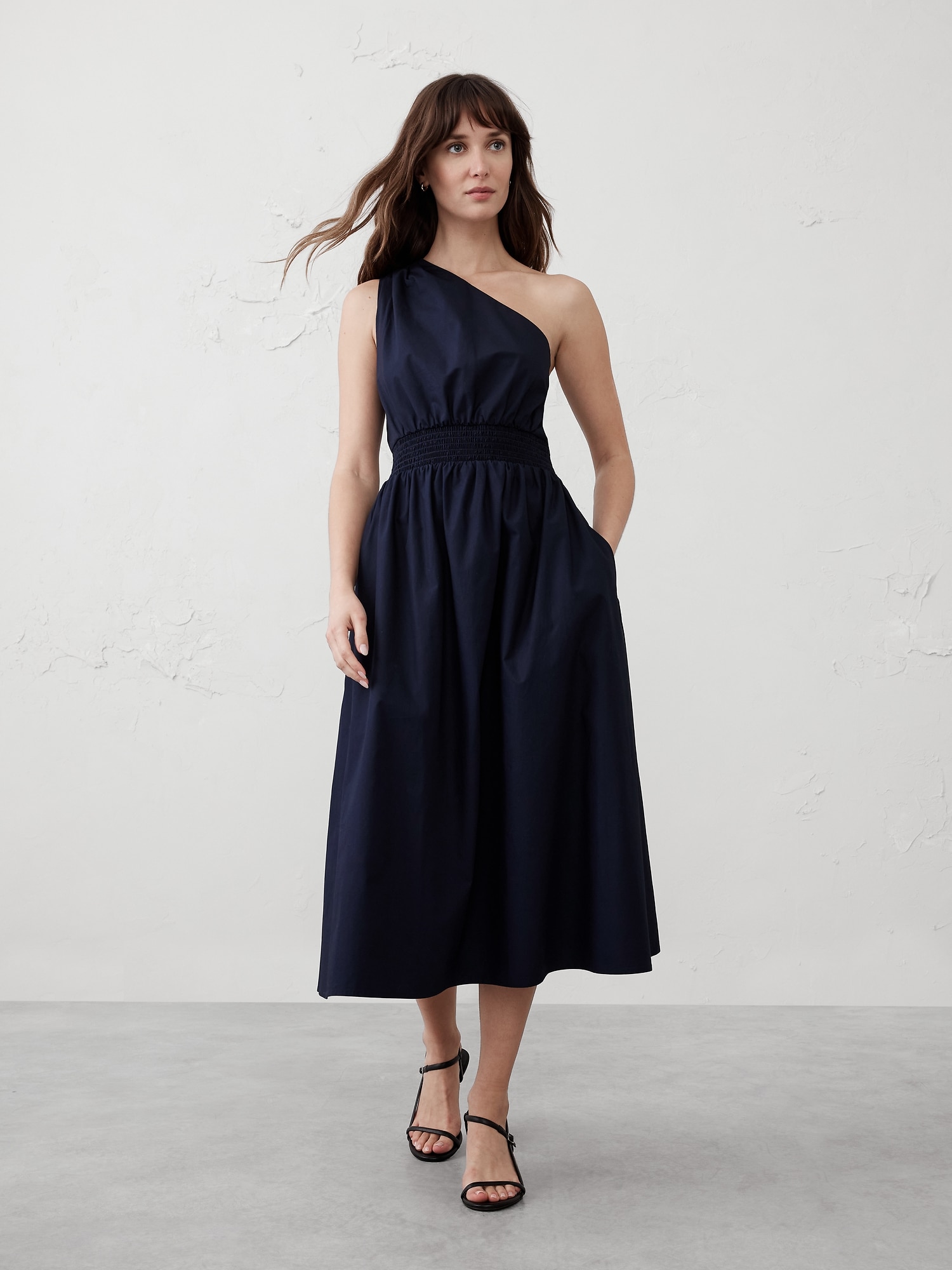 One-Shoulder Poplin Midi Dress