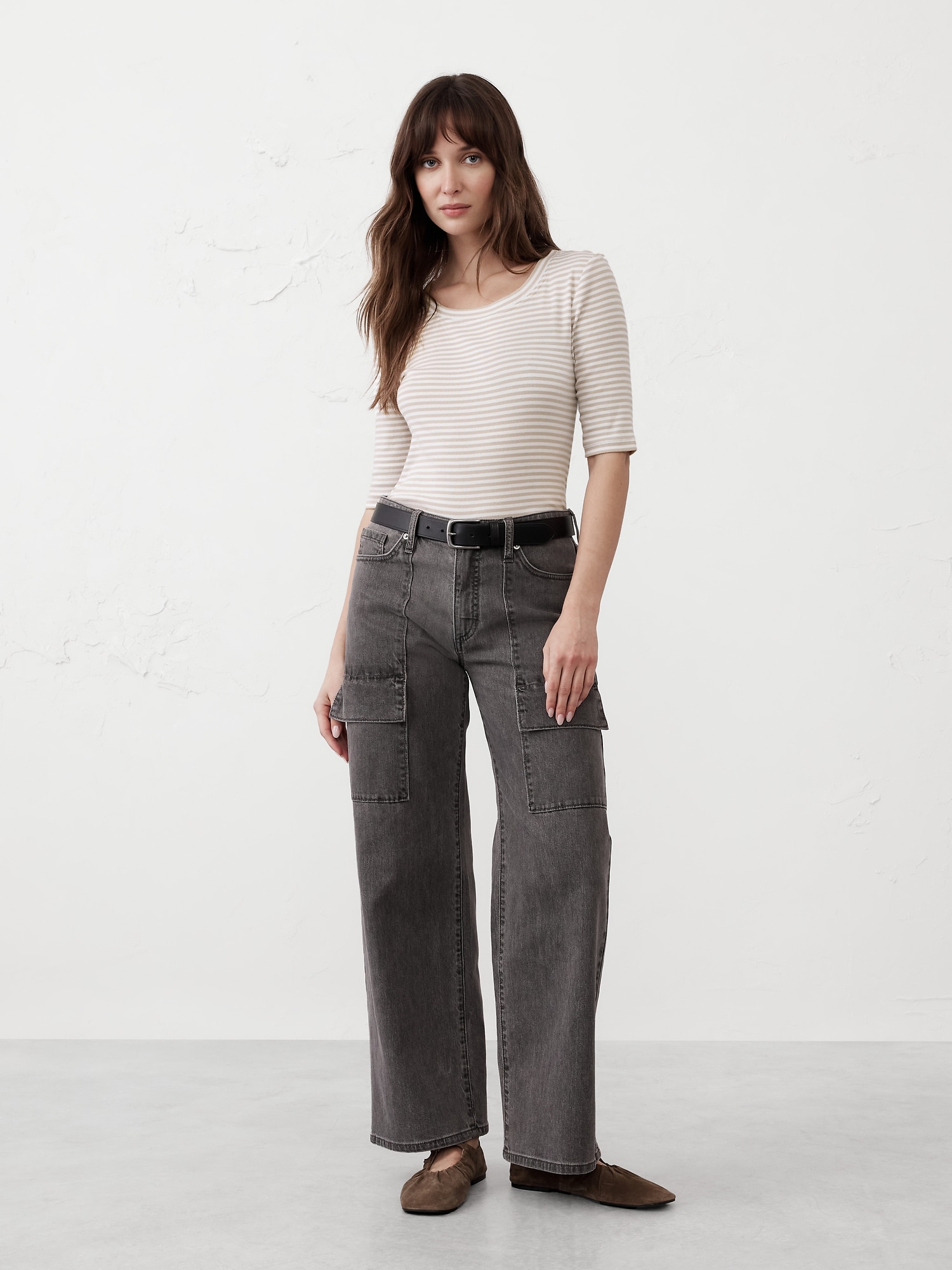 Ribbed Elbow-Sleeve T-Shirt