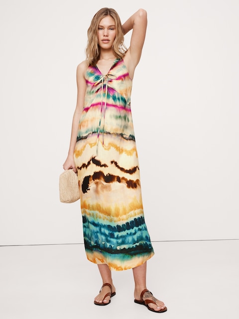 Linen Keyhole Midi Dress - Yellow Tie