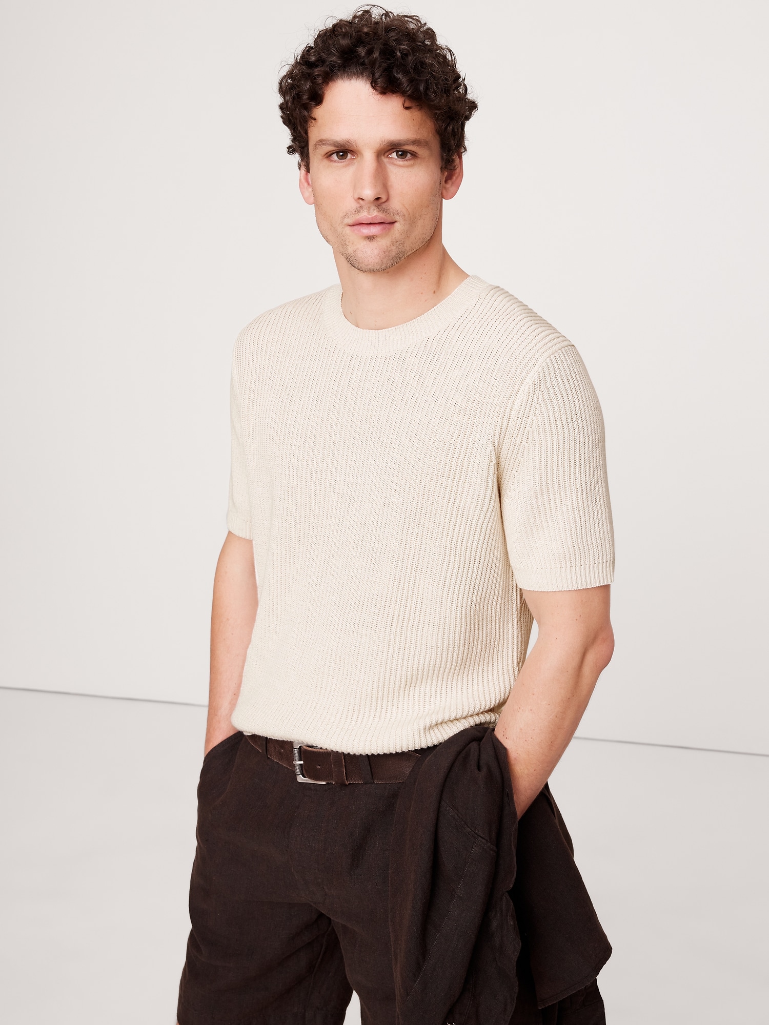 Ribbed Linen-Cotton Short-Sleeve Sweater