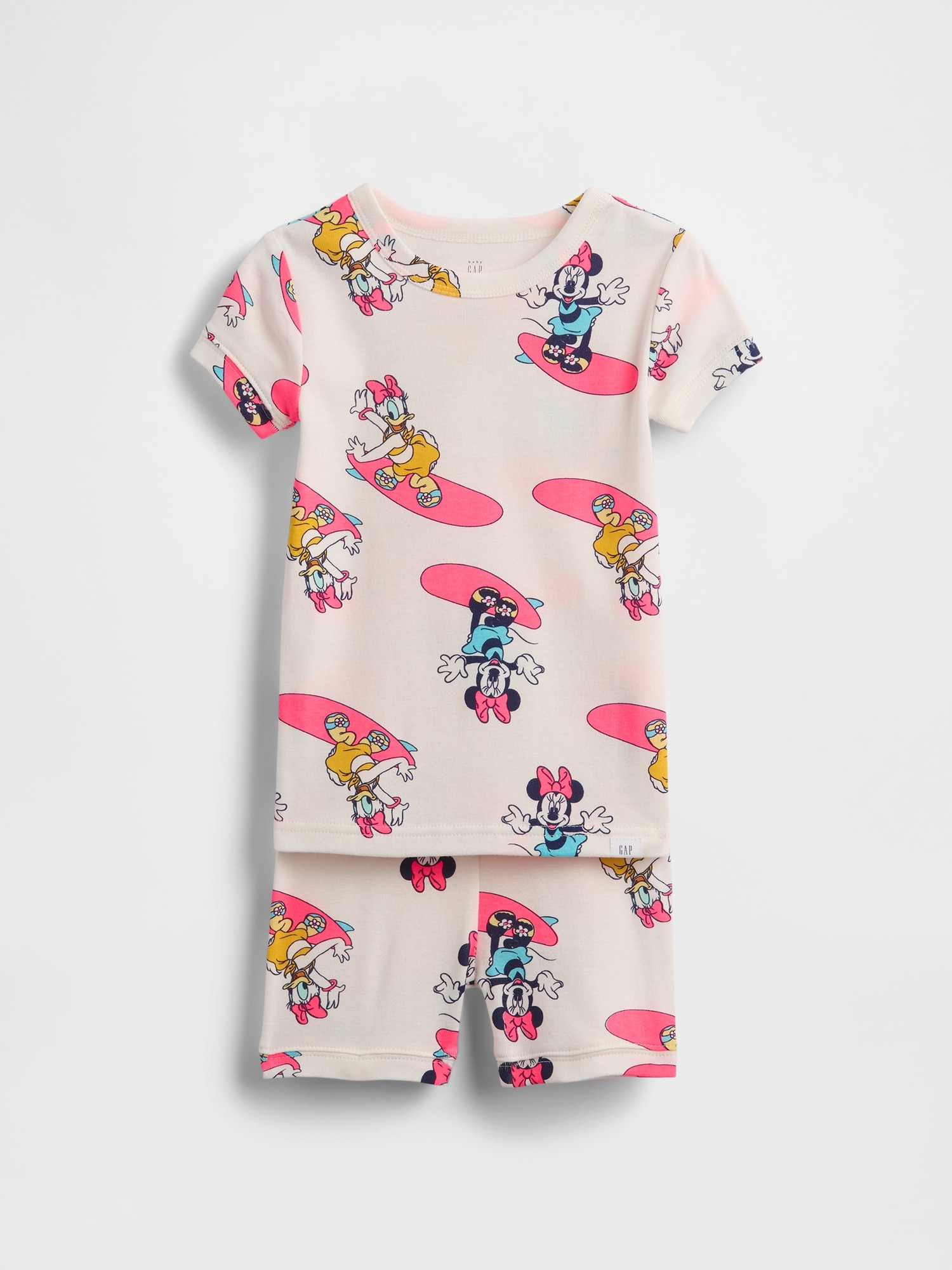 優しく心地良い肌触りのオ-ガニックコットン生地で作られたパジャマTシャツとショ-トパンツのセット クル-ネック 半袖、袖ロ-ルアップ ウエストゴム仕様のパジャマショ-トパンツ 全体にディズニ-キャラク