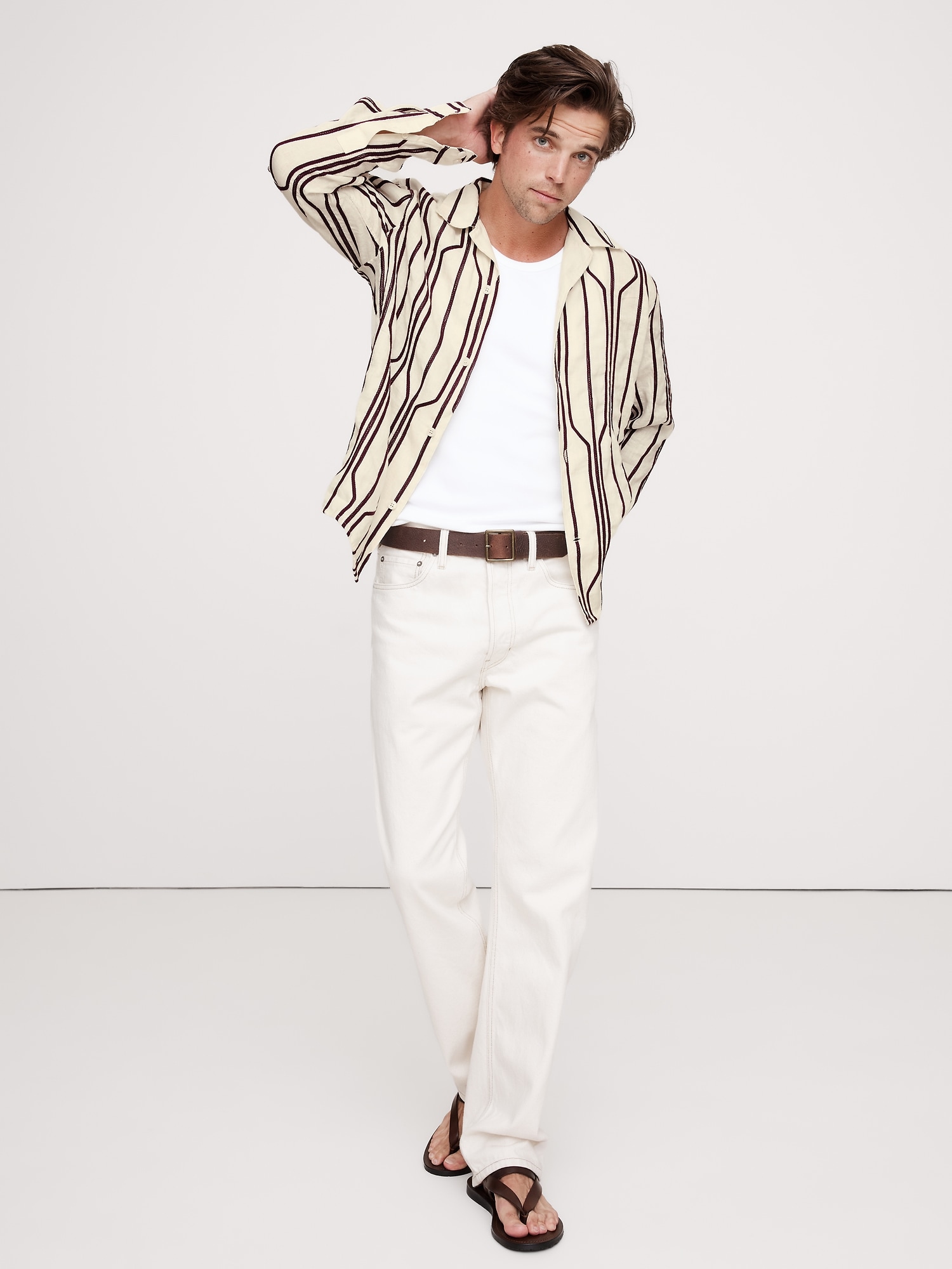 CHEMISE DE VACANCES EN LIN BRODÉ À MANCHES LONGUES