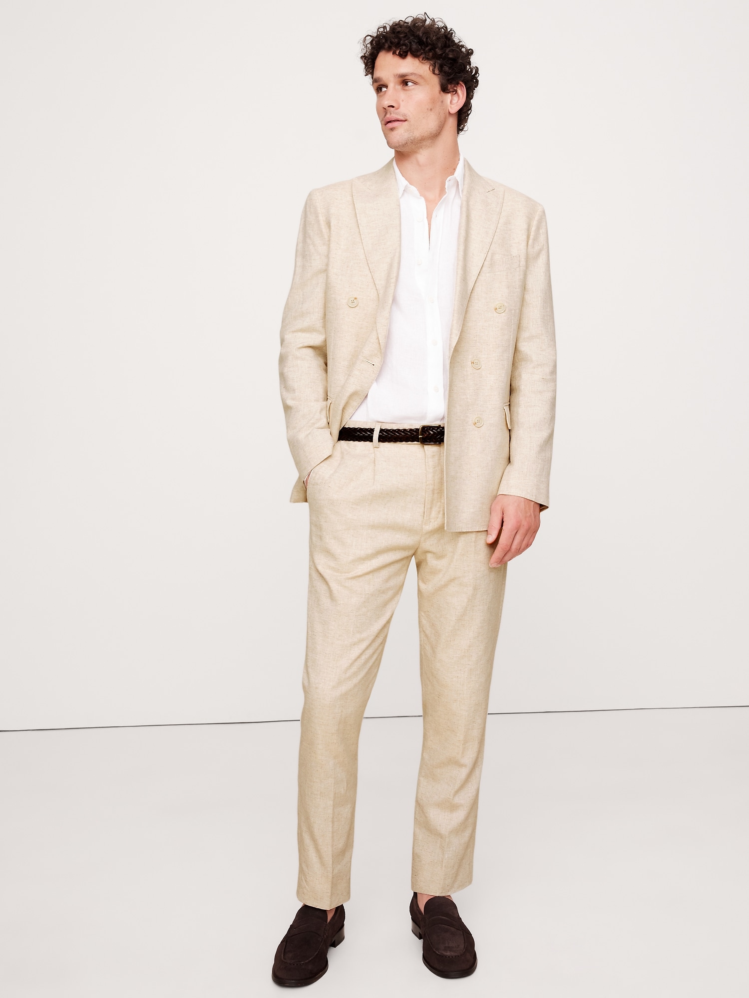 Herringbone Cotton-Linen Double-Breasted Suit Jacket