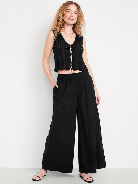Mid-Rise Linen-Blend Super Wide-Leg Palazzo Pants