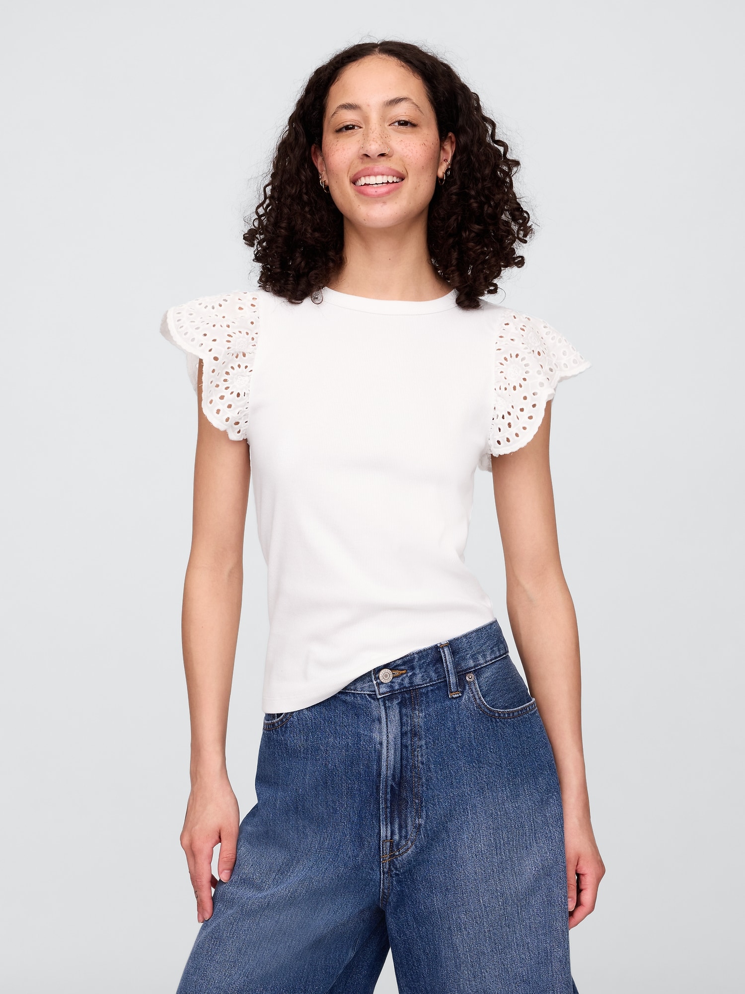 Ribbed Eyelet Flutter Sleeve T-Shirt