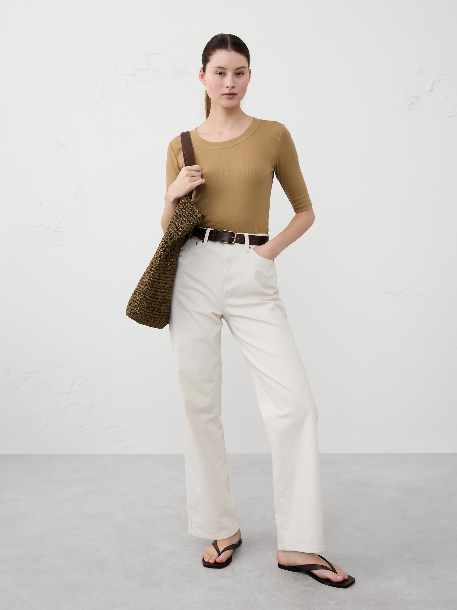 Ribbed Elbow-Sleeve T-Shirt