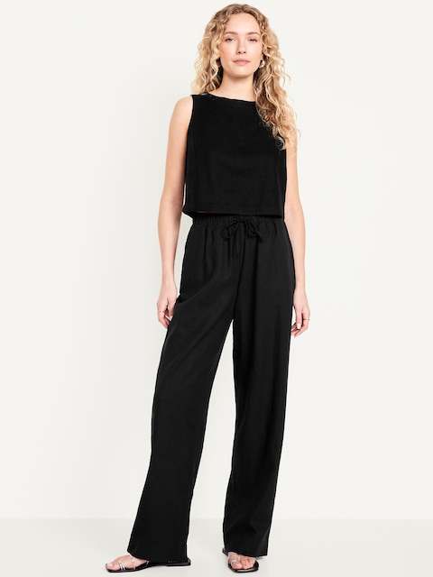 High-Waisted Linen-Blend Straight Pants