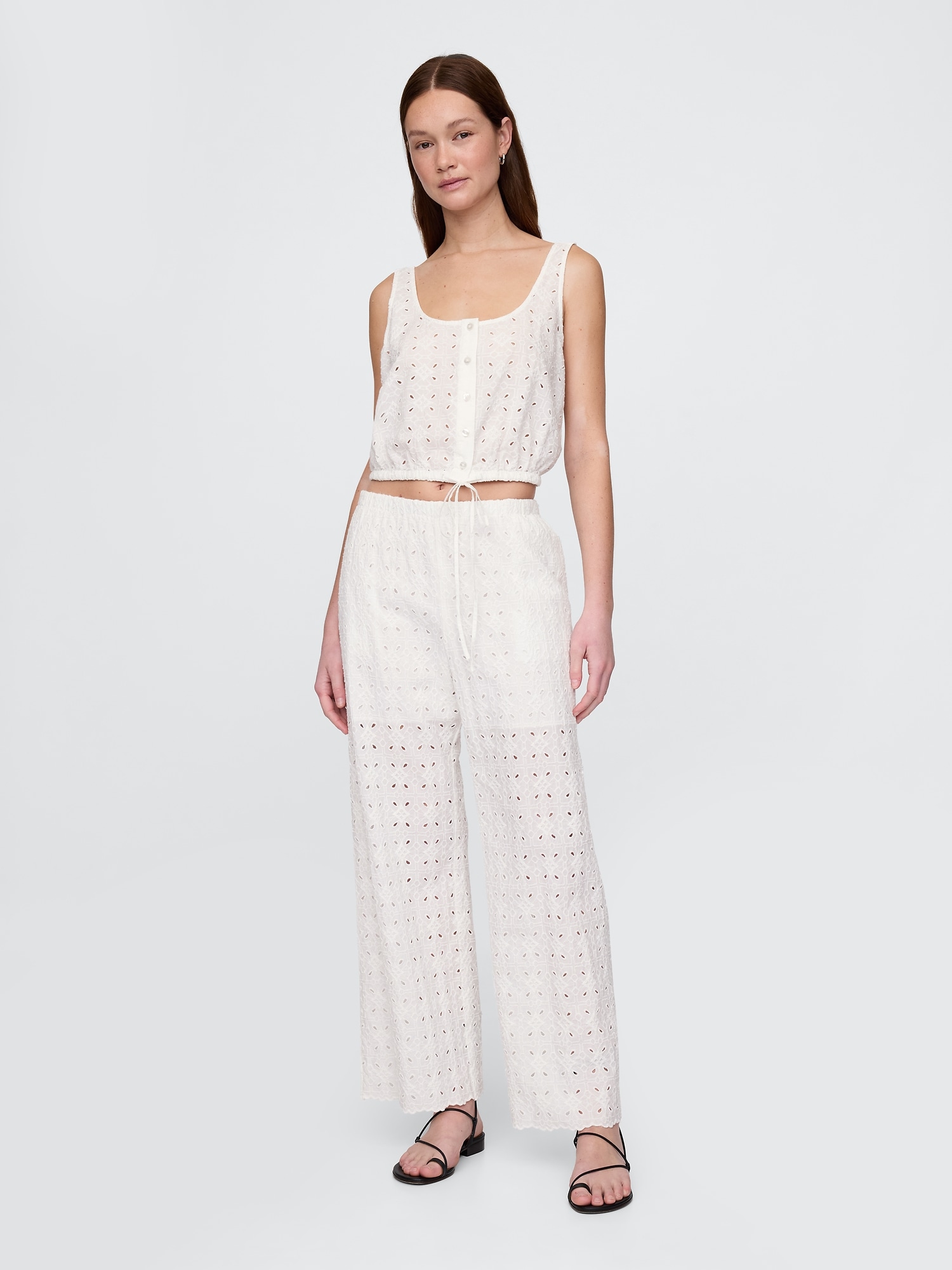 Mid Rise Eyelet Easy Wide-Leg Pants