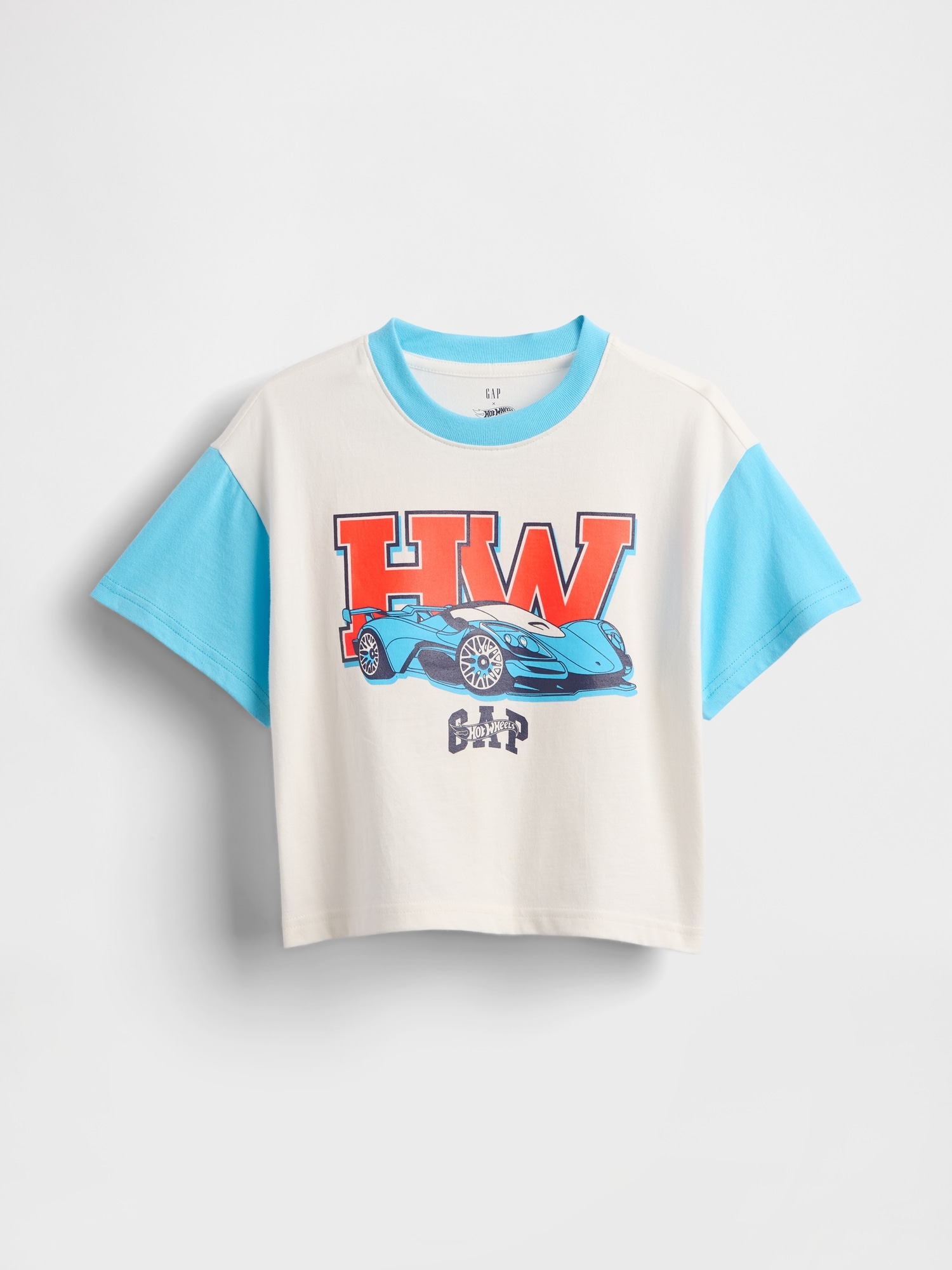 優しく心地良い肌触りのコットンジャ-ジ-グラフィックTシャツ クル-ネック 半袖、ドロップショルダ- フロントにGAPロゴと『ホットウィ-ル』のグラフィック、バリエ-ションあり カラ-ブロックデザイン