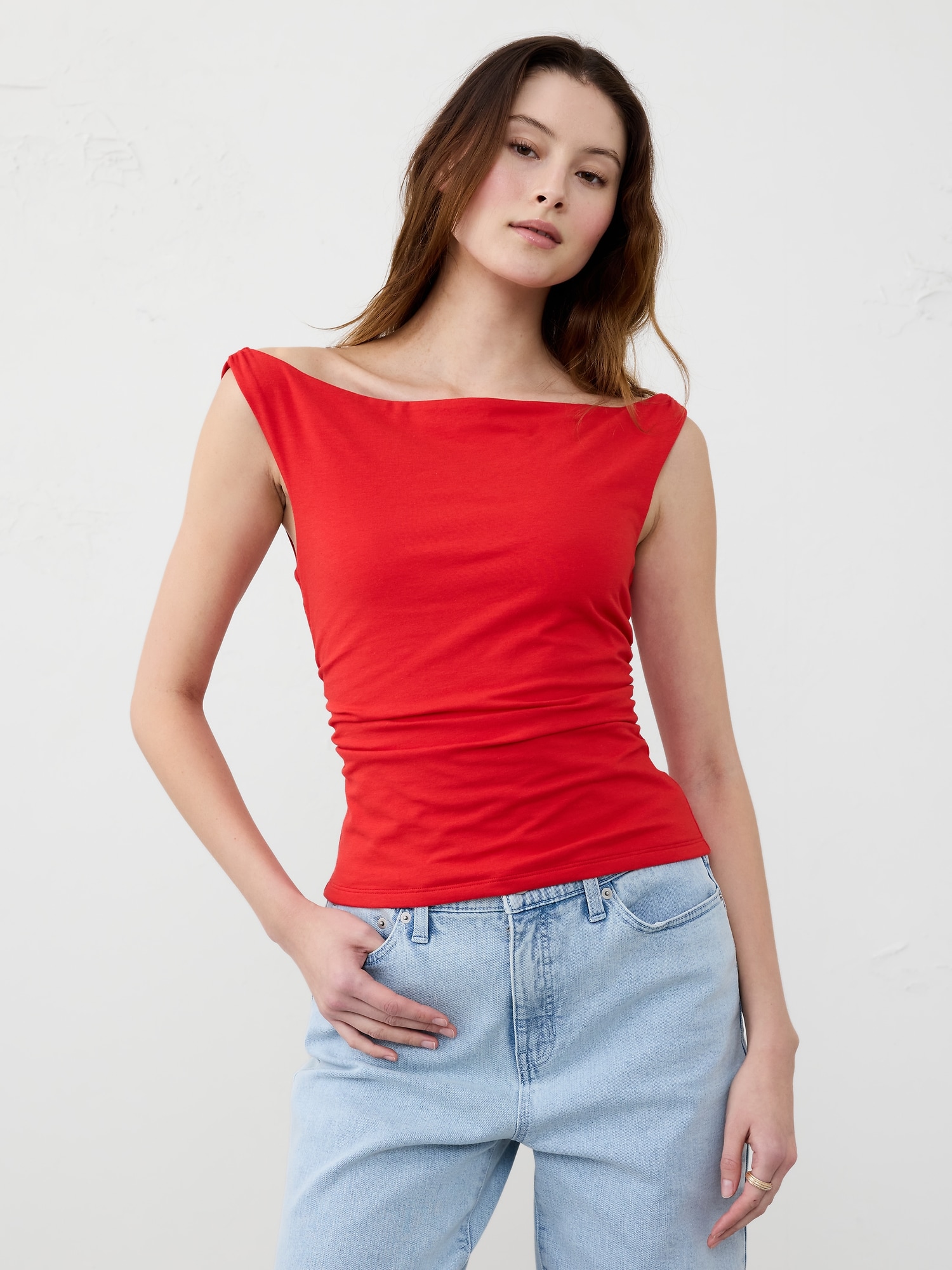Soft Stretch Shirred-Waist Boatneck Top