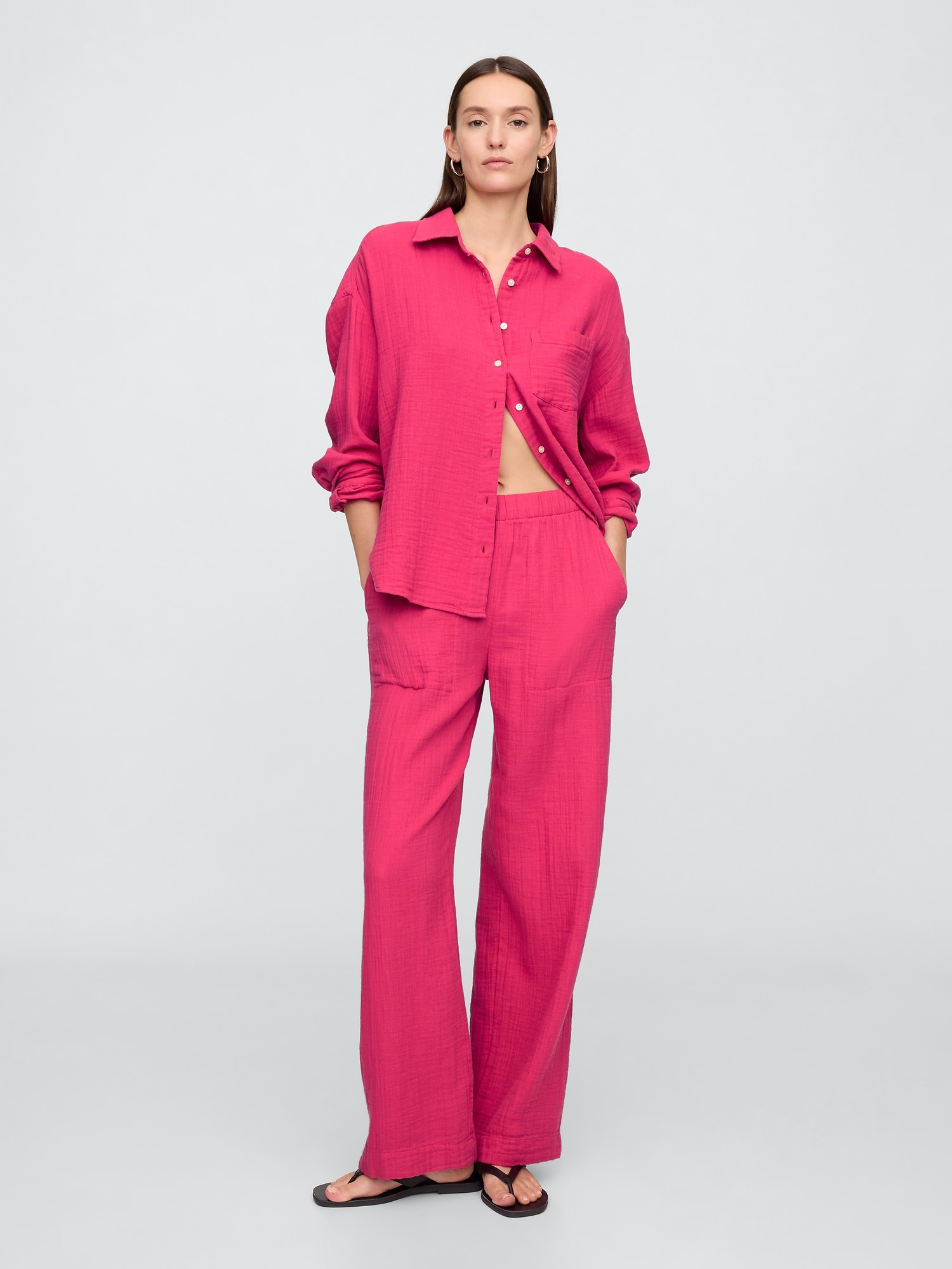 Mid Rise Gauze Pull-On Wide-Leg Pants