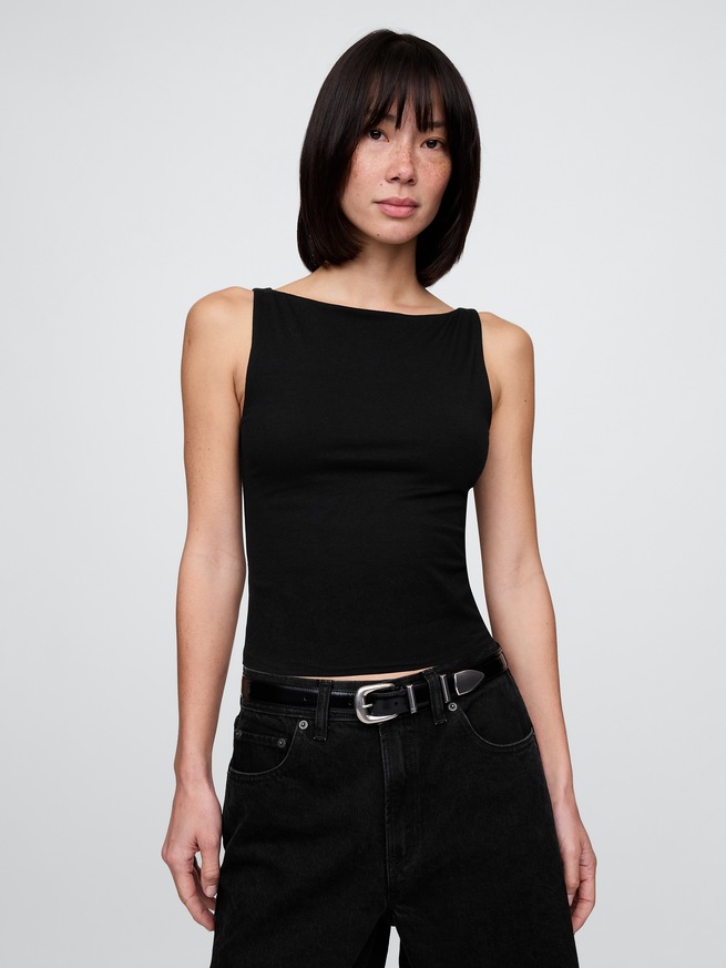 クロースニット ジャージー ボートネック クロップド シェルタンクトップ-0