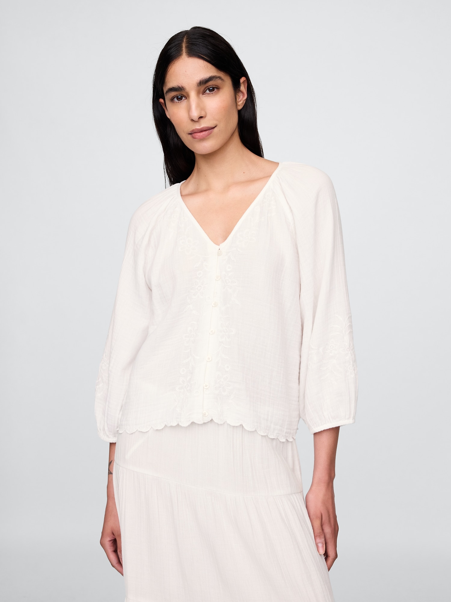 Cotton Gauze Embroidered V-Neck Top