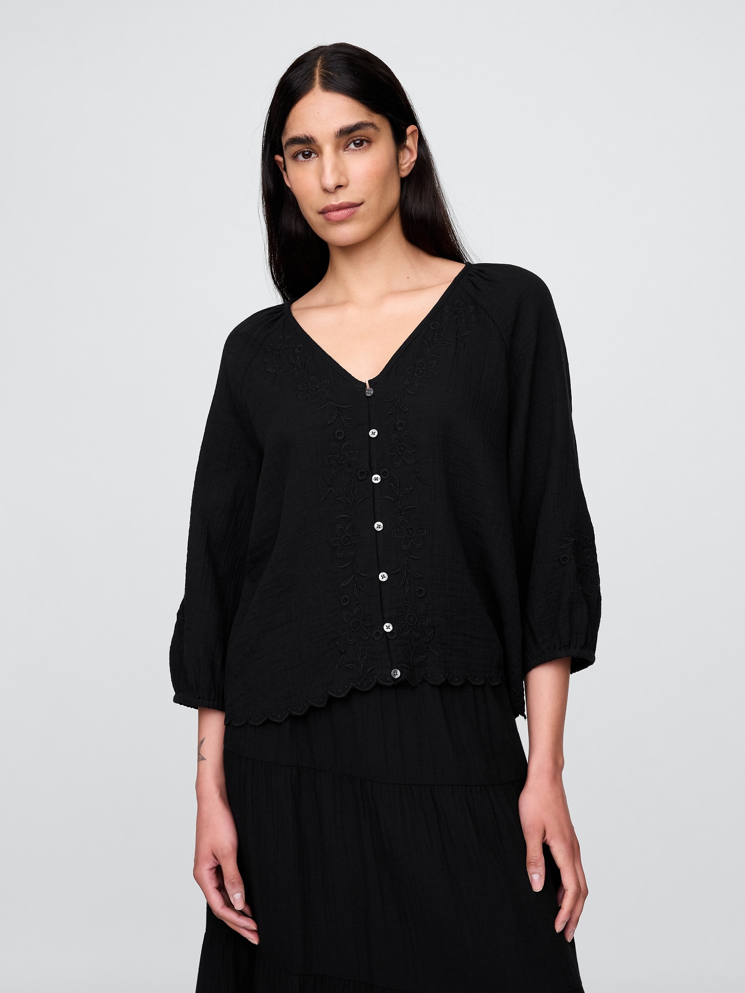 Cotton Gauze Embroidered V-Neck Top