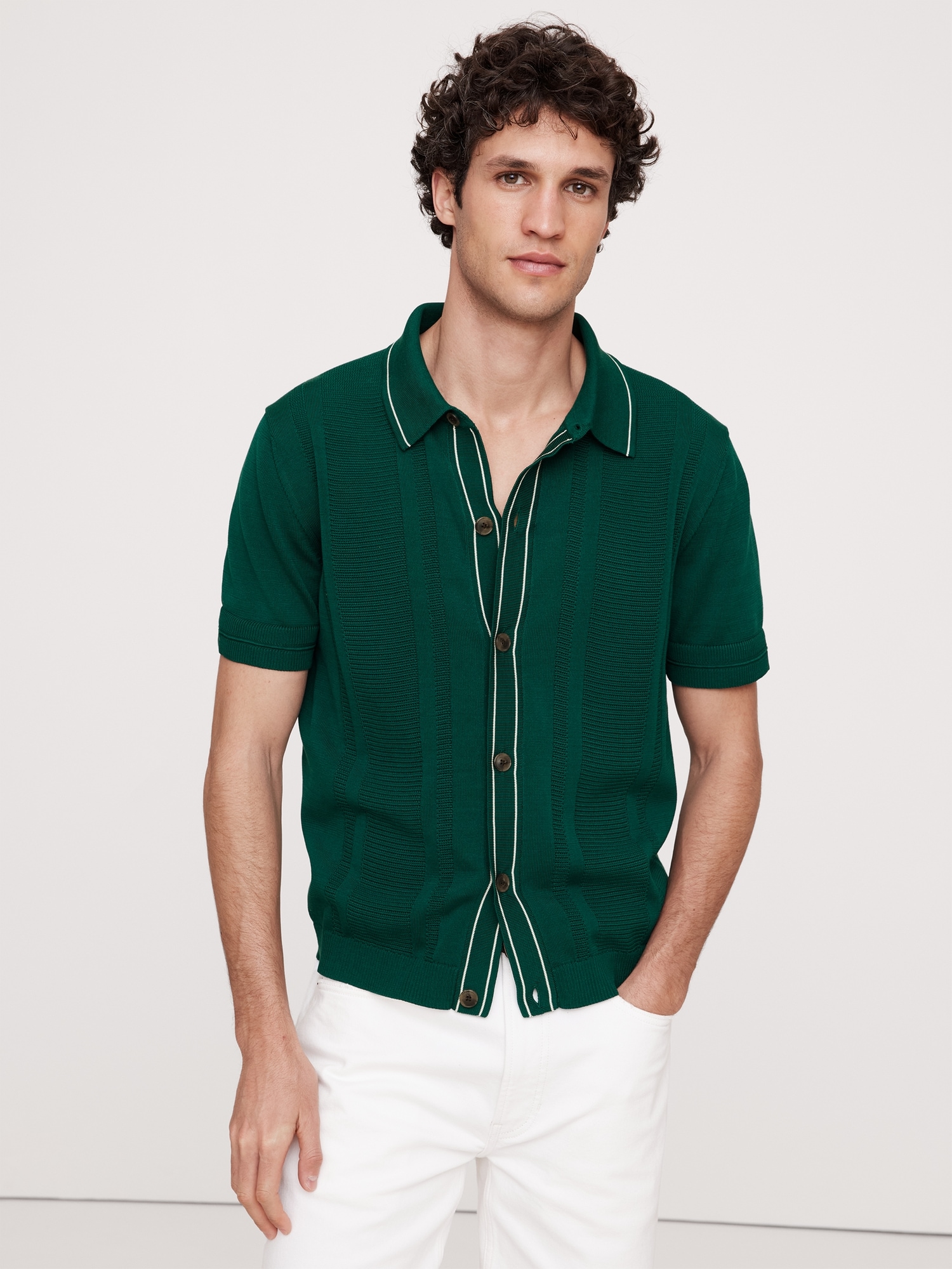 Ribbed-Stripe Cotton Resort Shirt