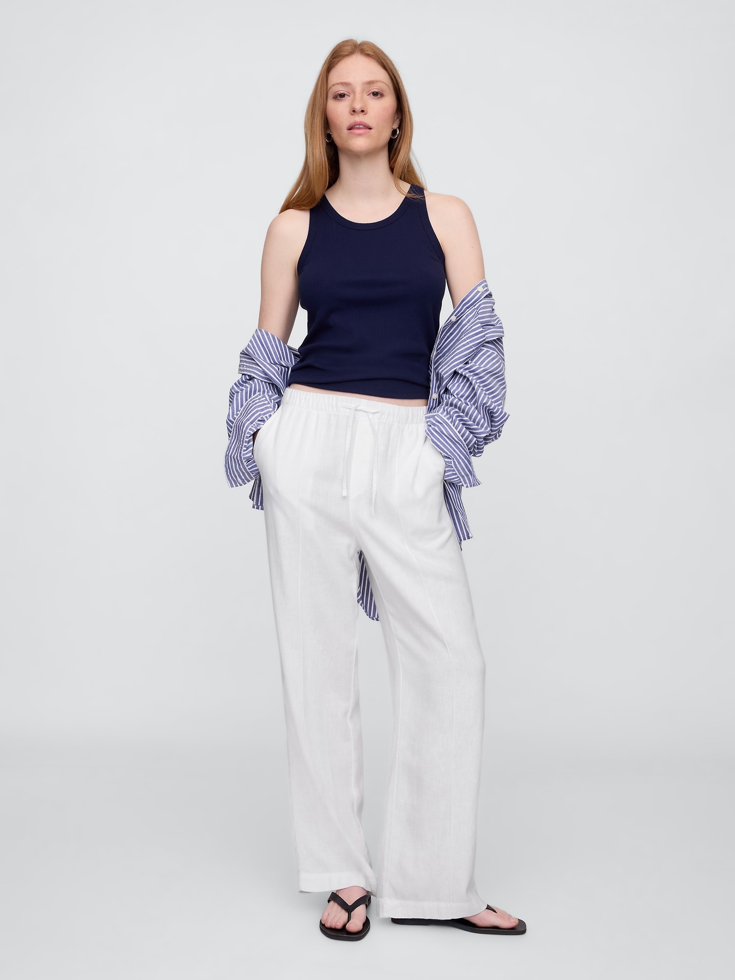 Mid Rise Linen-Blend Pull-On Wide-Leg Pants