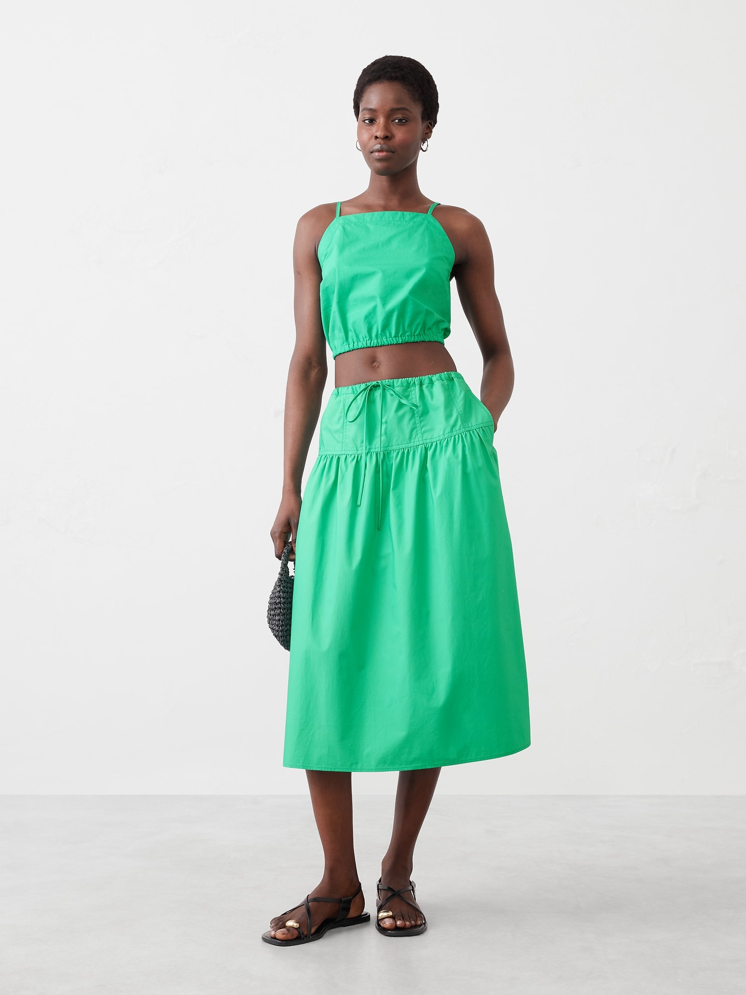 Poplin Drop-Waist Midi Skirt