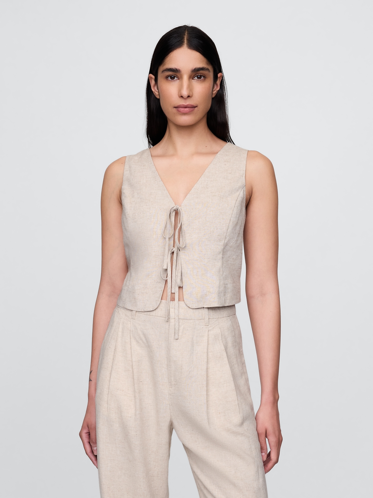 Linen-Blend Tie-Front Crop Vest
