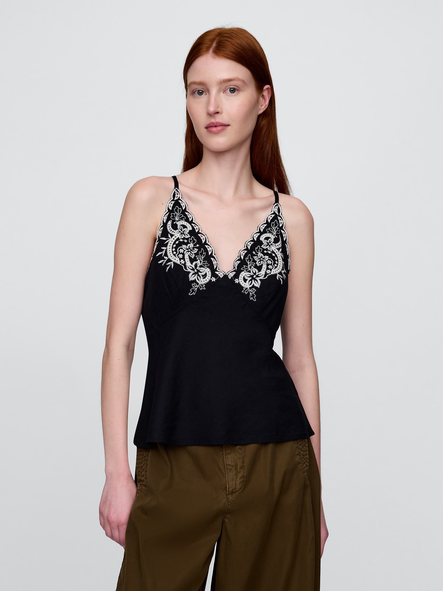 Linen-Blend Embroidered Halter Top