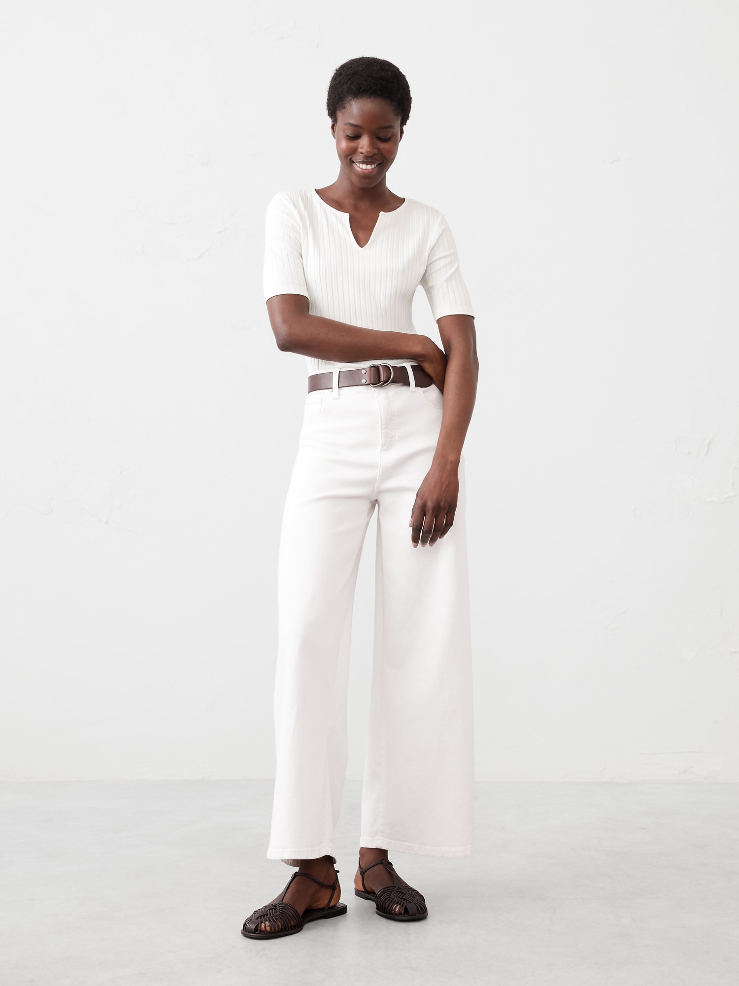 Wide Ribbed Split-Neck Top