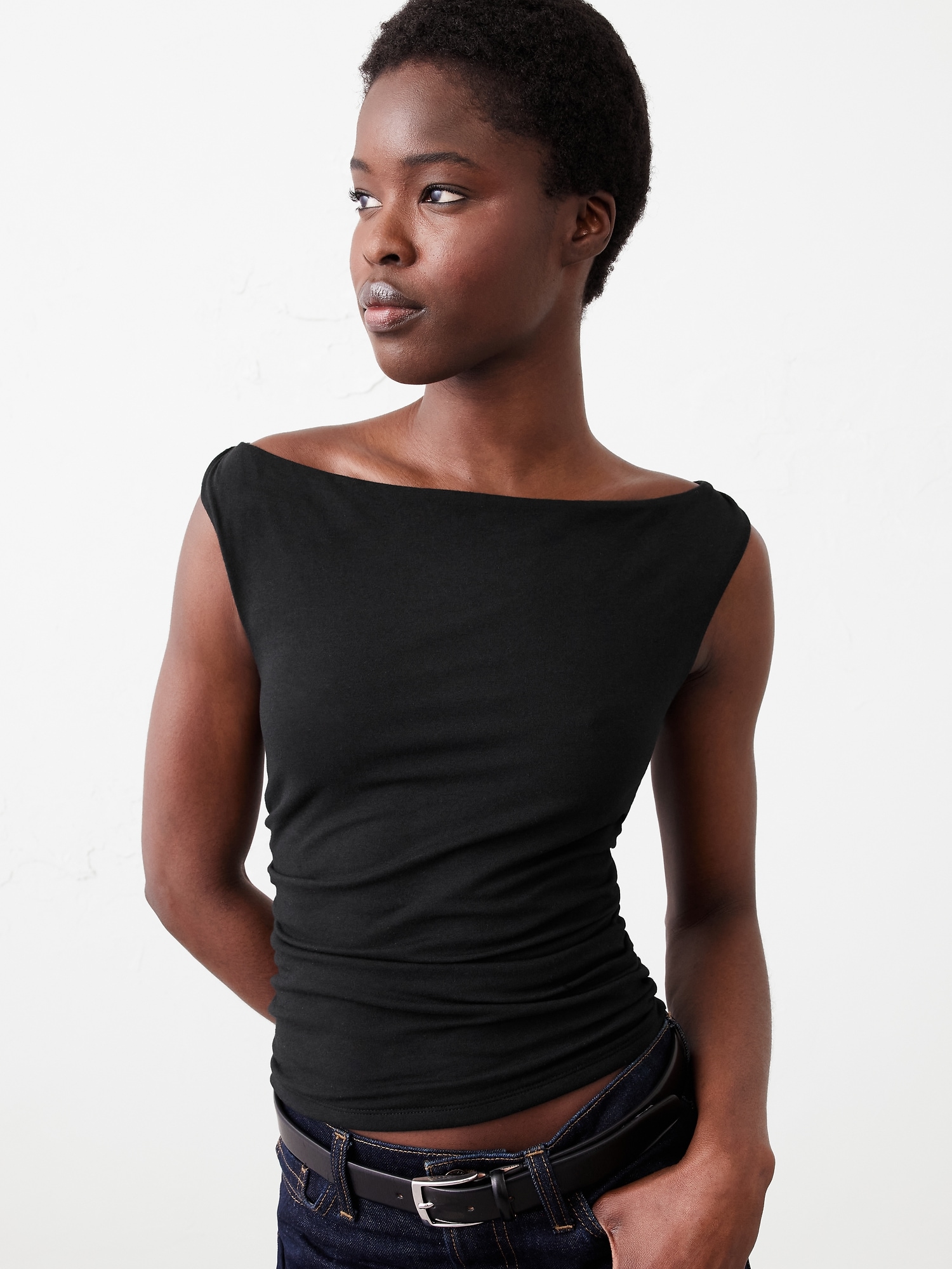 トップス draw drawers Lace Boat Neck T-shirts Soft Stretch Shirred-Waist Boatneck Top | Banana Republic Factory