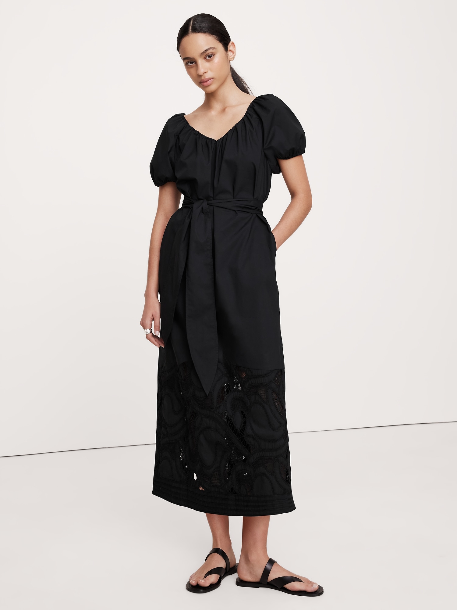 Embroidered Cotton Poplin Ruched Dress