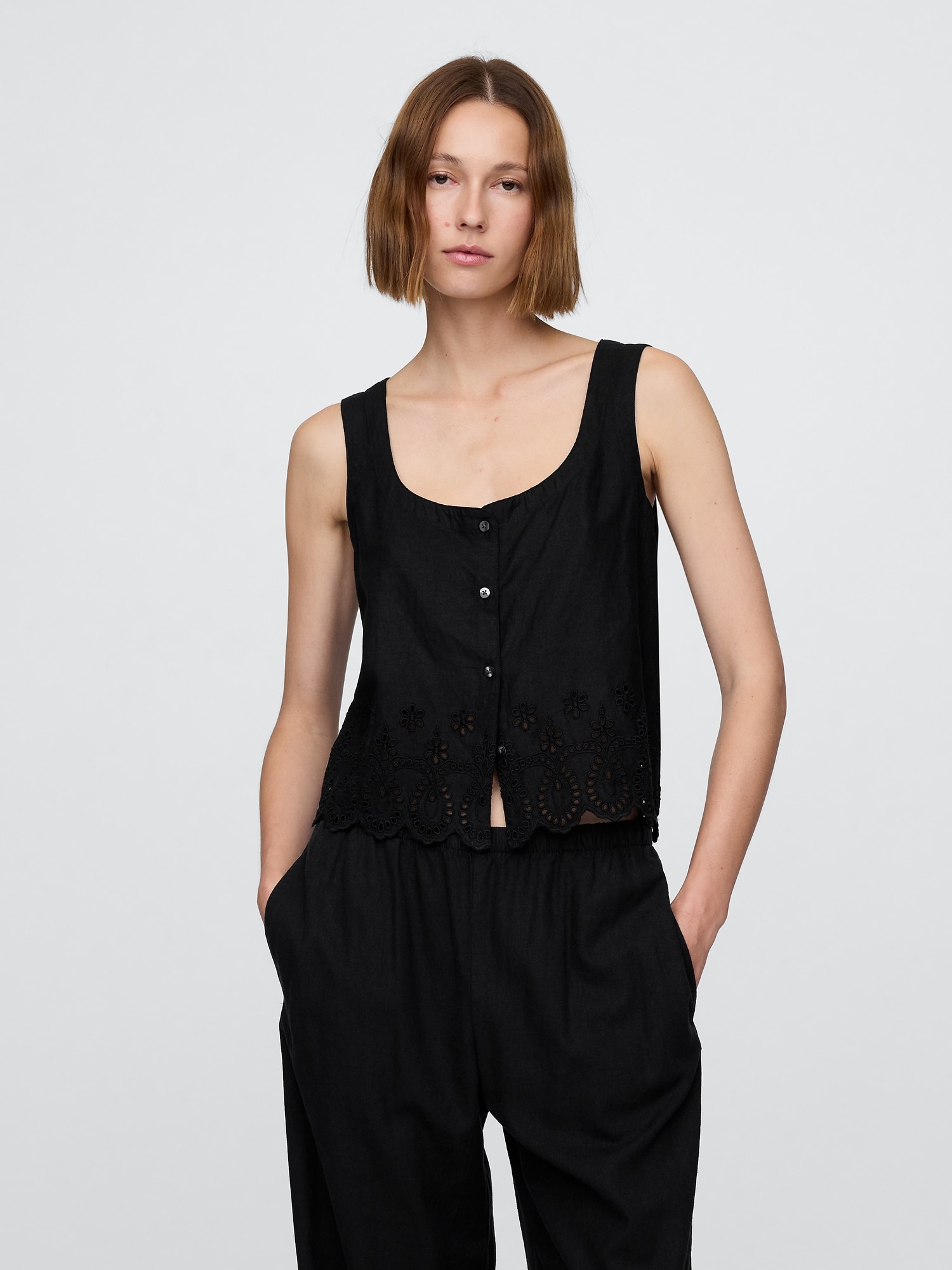 Linen-Blend Embroidered Vest