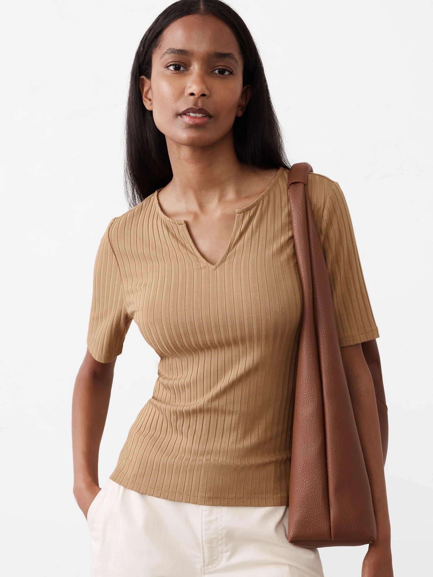 Wide Ribbed Split-Neck Top
