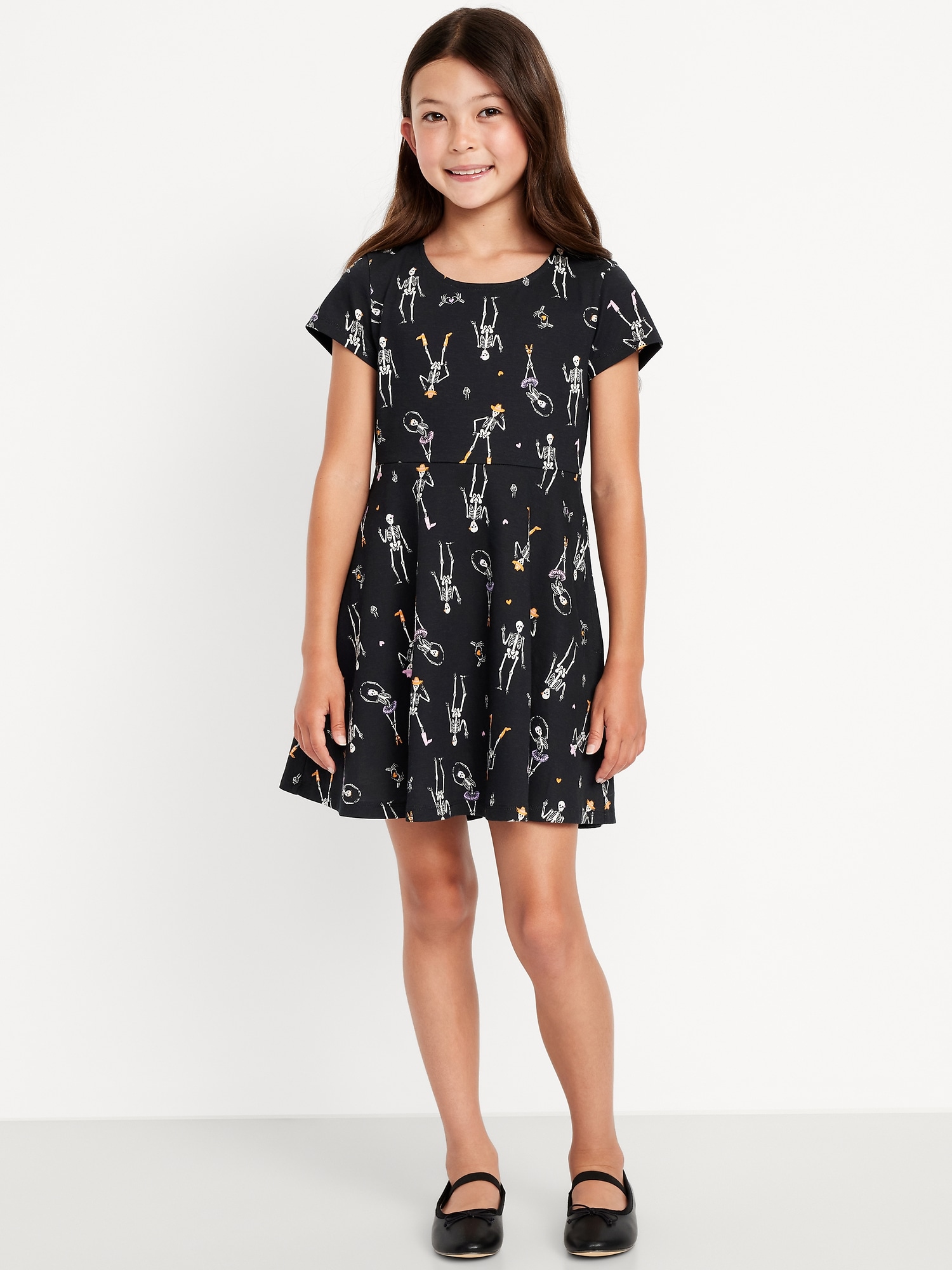 Printed Short-Sleeve Fit and Flare Dress for Girls