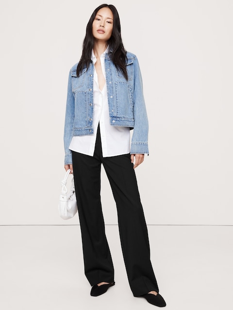 PANTALON DROIT MODERNE À TAILLE HAUTE EN LAINE ITALIENNE