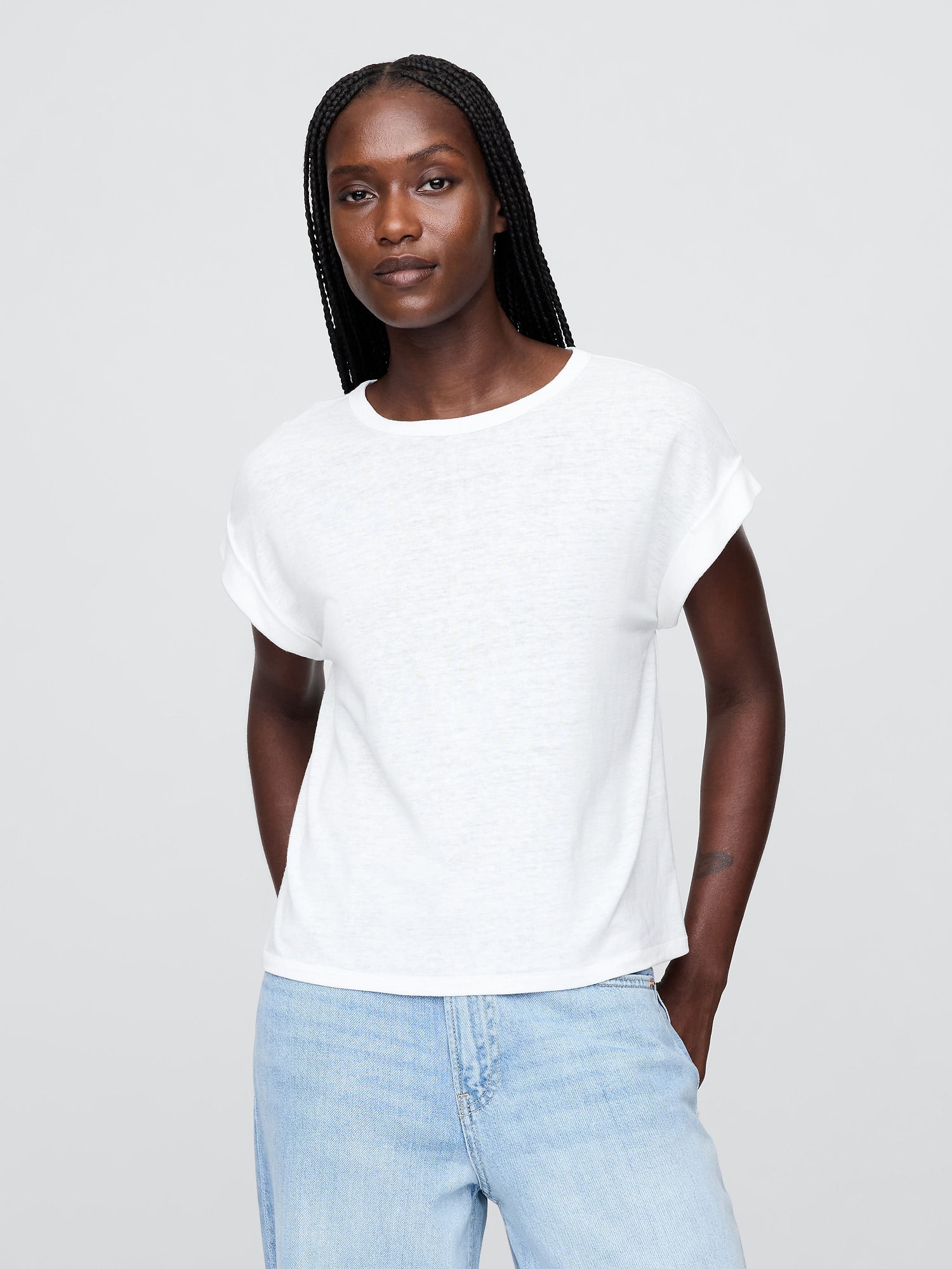 リネンブレンド ロールカフ Tシャツ-0