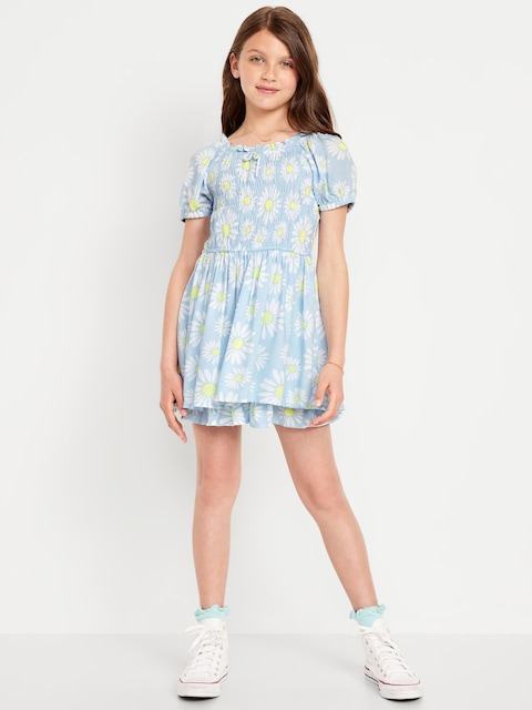 Printed Puff-Sleeve Smocked Dress for Girls