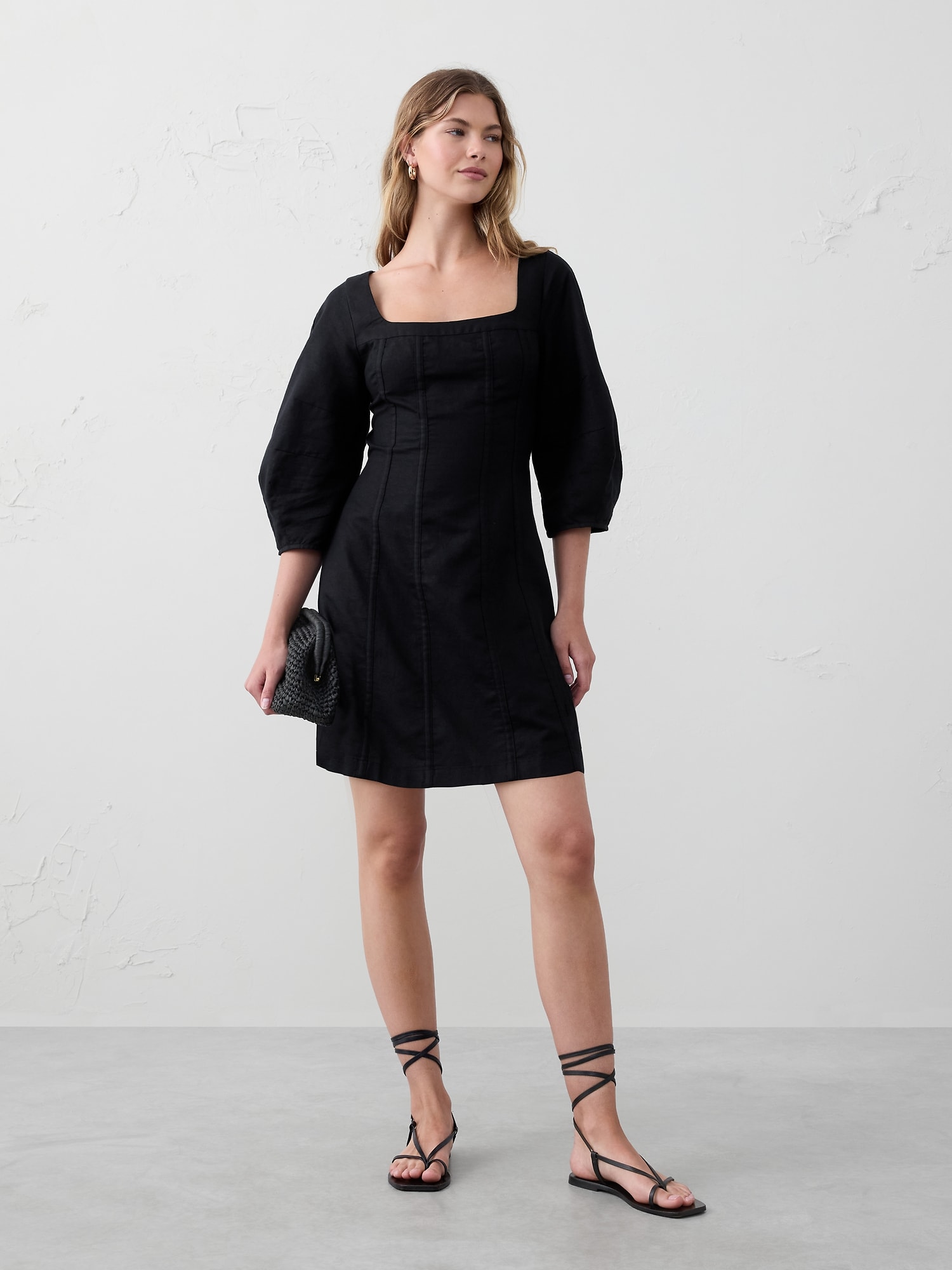 Linen-Blend Seamed Mini Dress