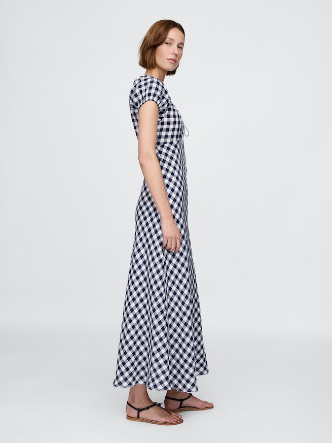 Gap × DÔEN リネン100% ギンガムチェック ミディワンピース-3
