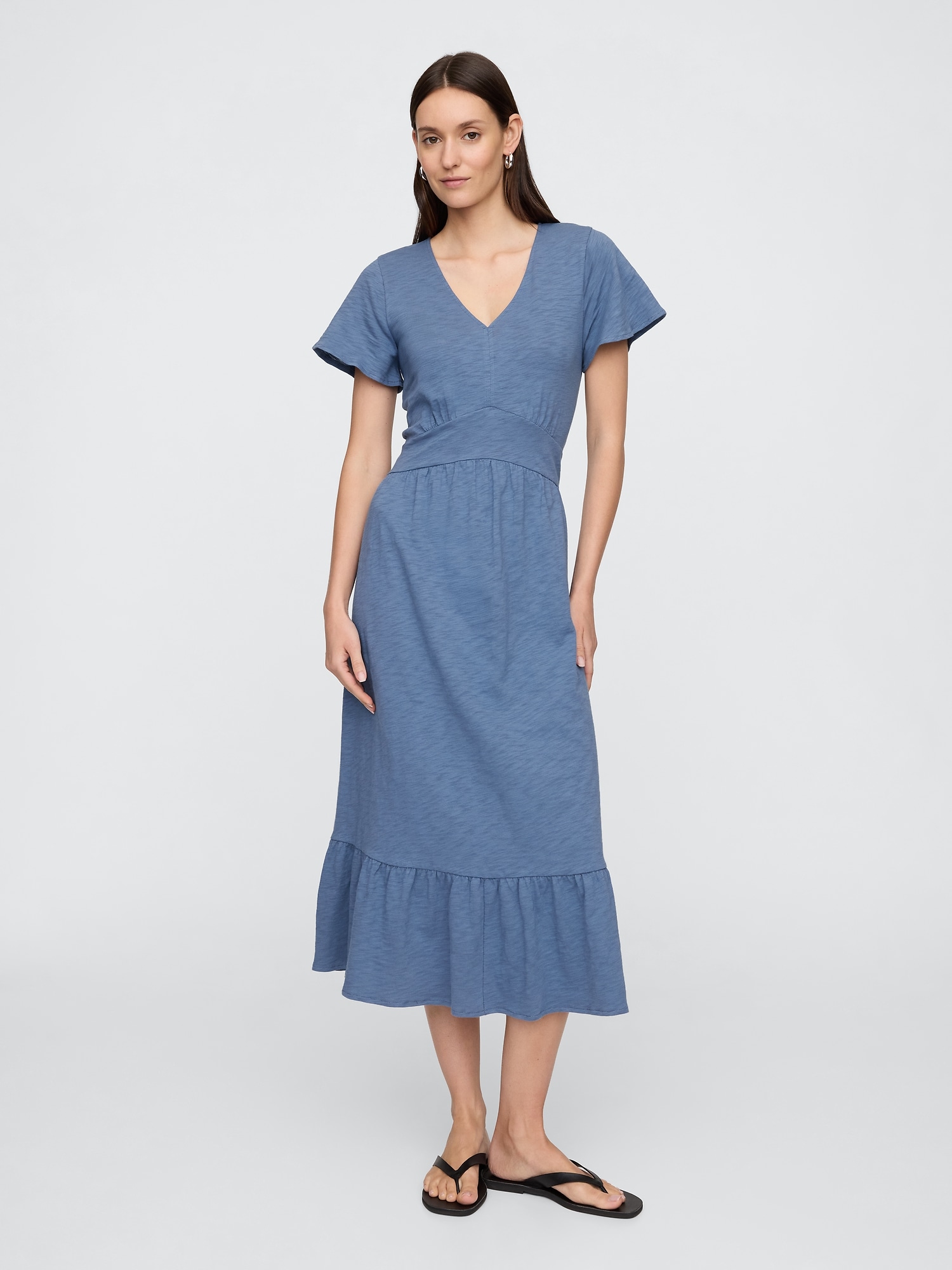 Flutter Sleeve V-Neck Midi Dress