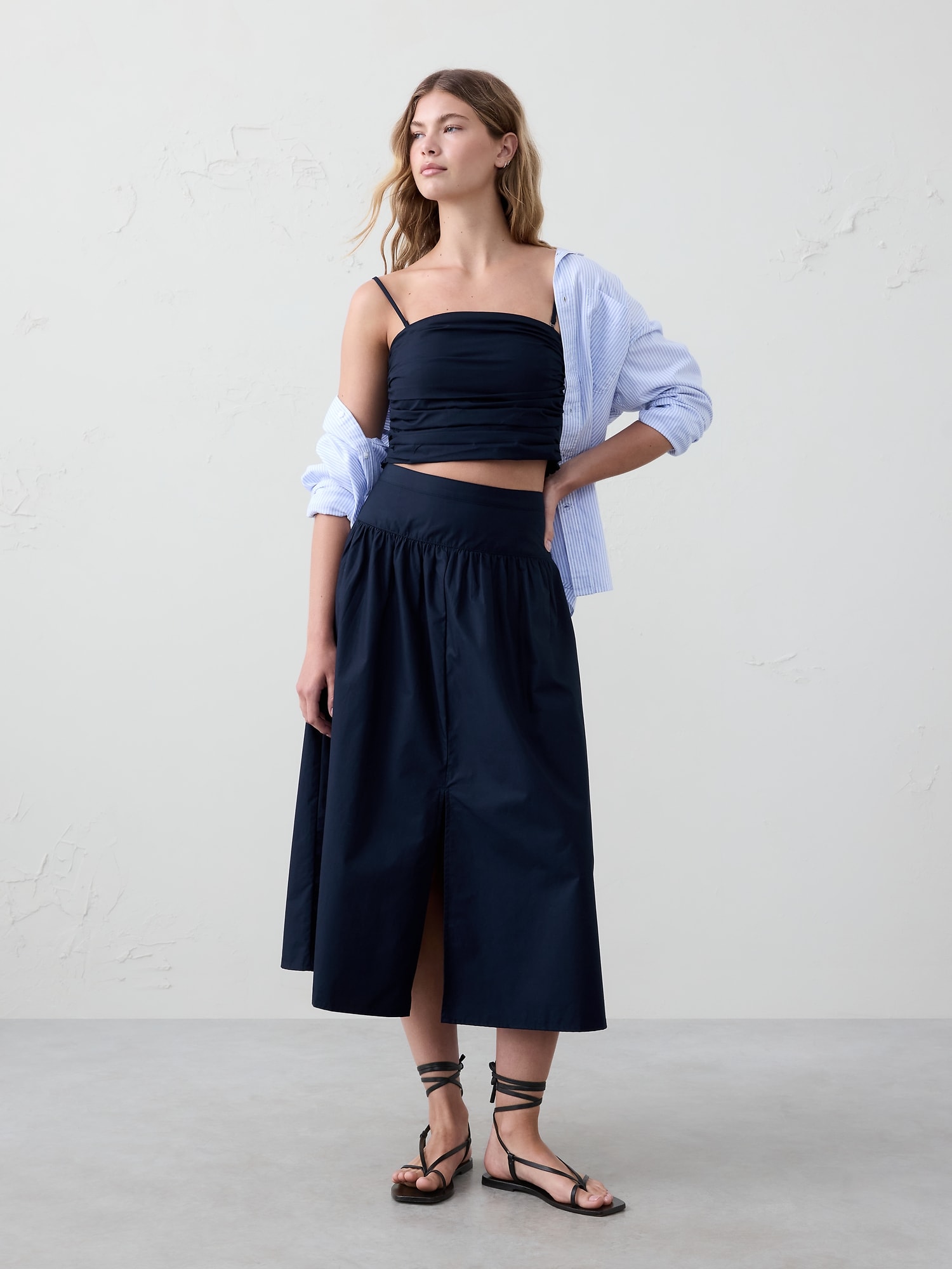 Poplin Dropped-Waist Maxi Skirt