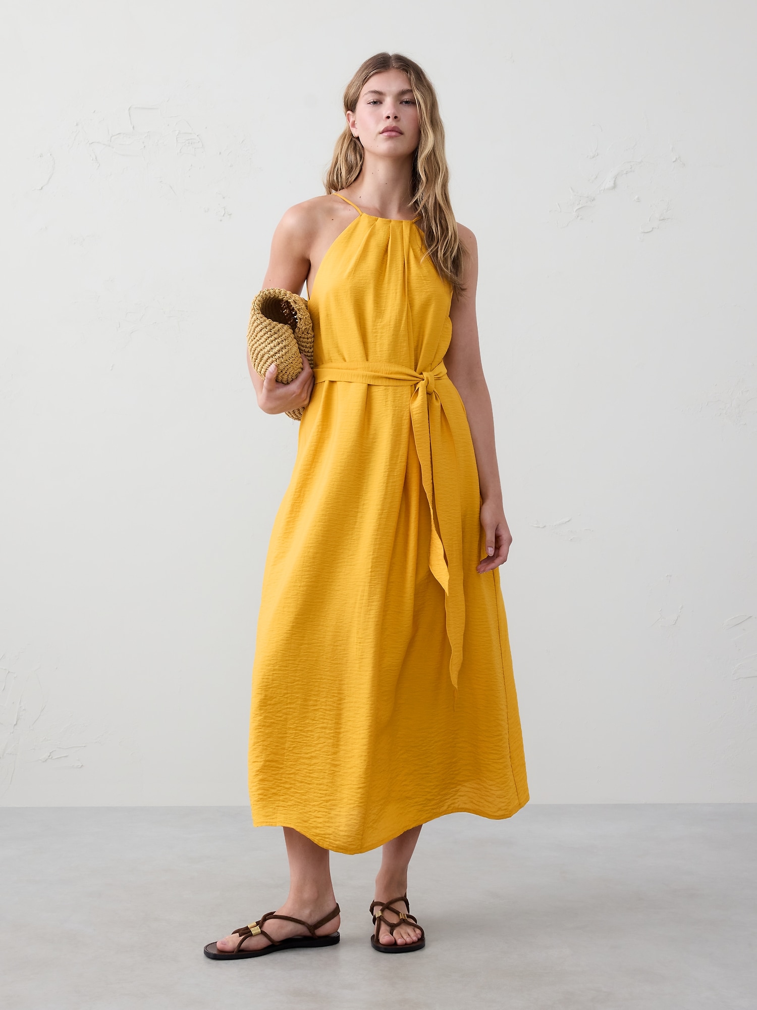 Pleated-Neck Midi Dress