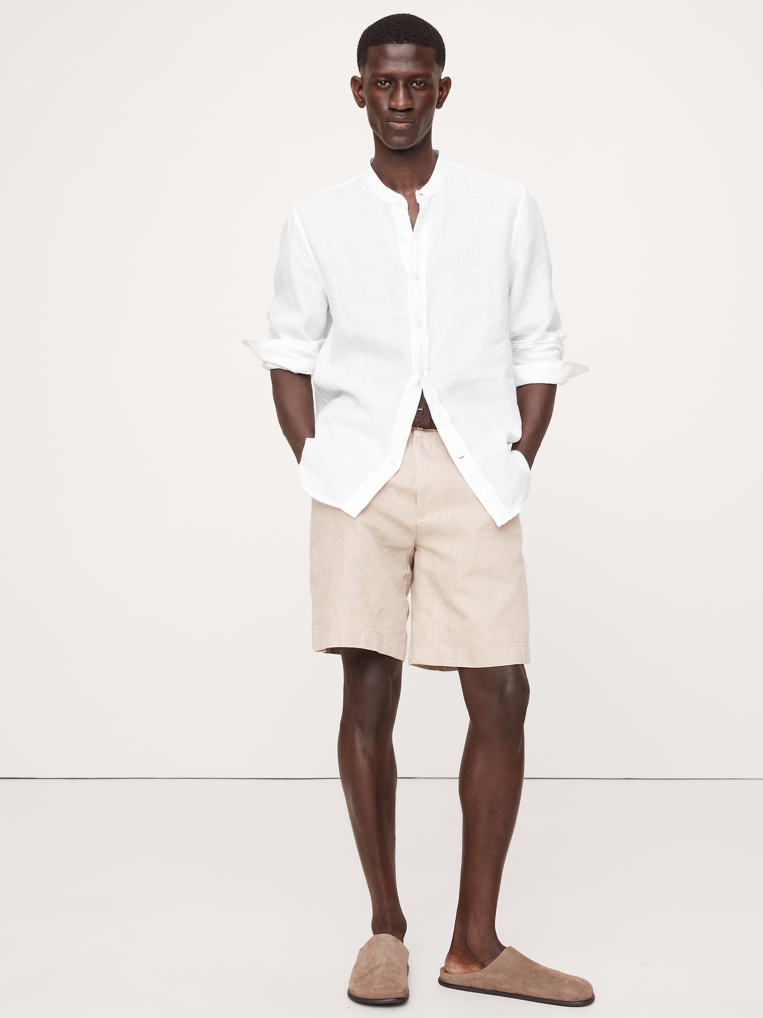Standard-Fit Linen Banded-Collar Shirt