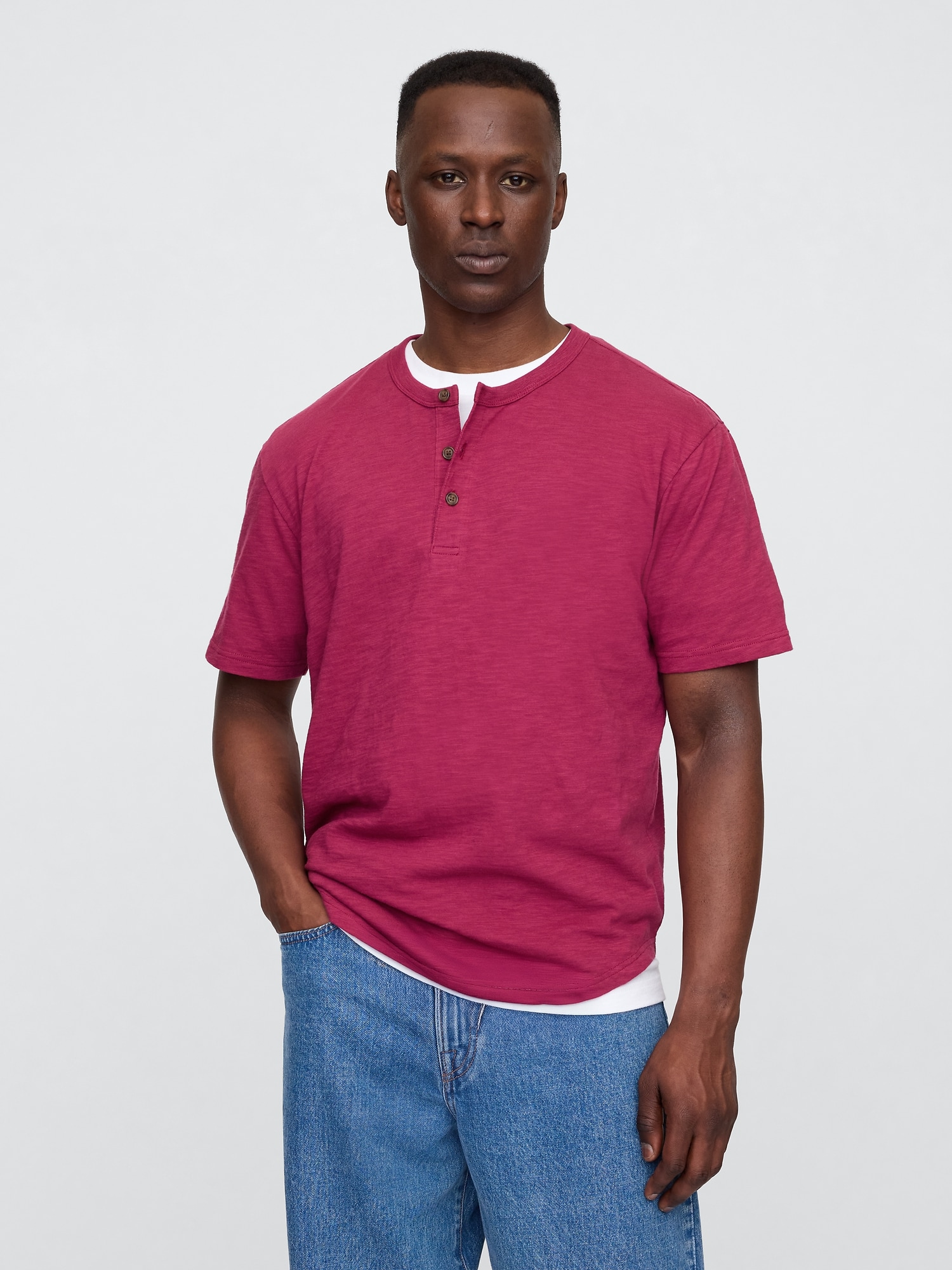 Lived-In Relaxed Curved Hem Henley T-Shirt