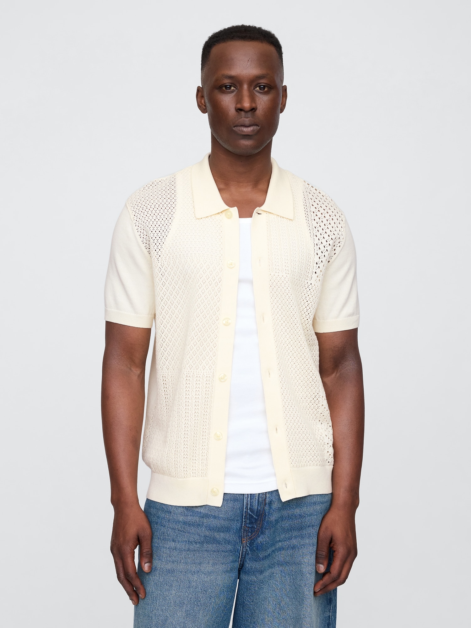 Mixed-Stitch Crochet Vacay Shirt in Standard Fit