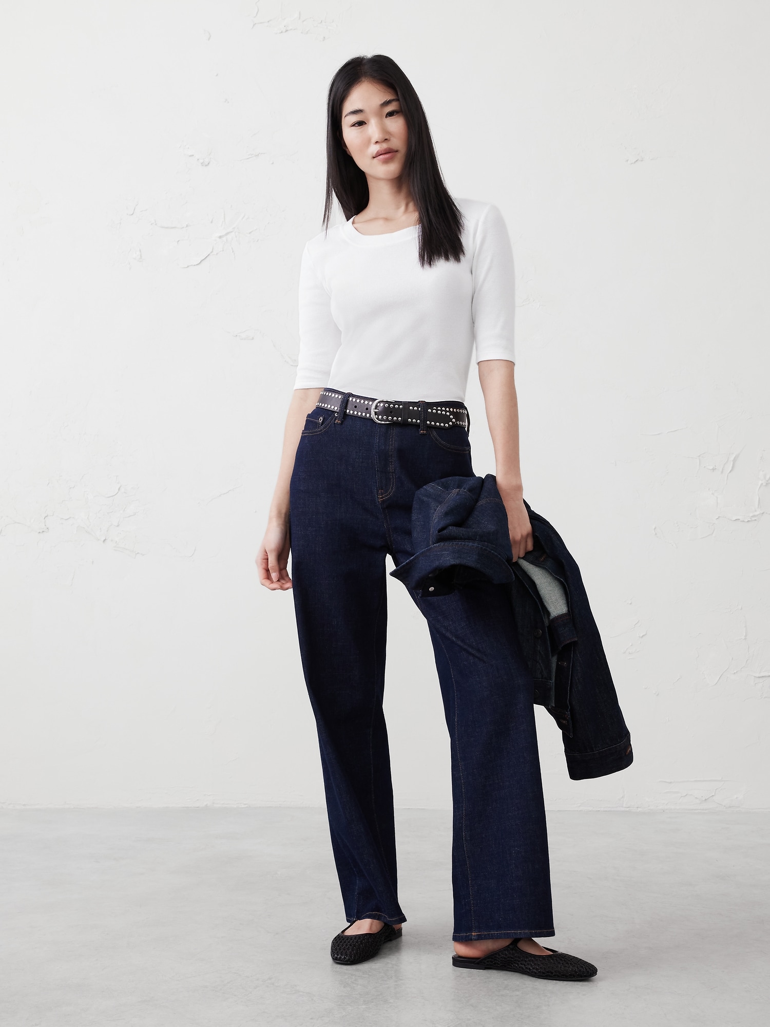 Ribbed Elbow-Sleeve T-Shirt