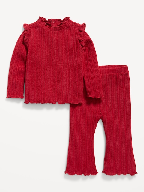 ENSEMBLE DOUILLET COMPOSÉ D'UN PANTALON ET D'UN HAUT CÔTELÉ À MANCHES LONGUES À VOLANTS POUR BÉBÉ