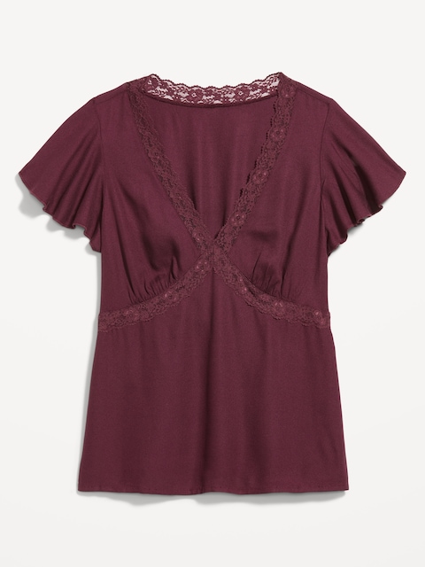 Lace-Trim V-Neck Crepe Top