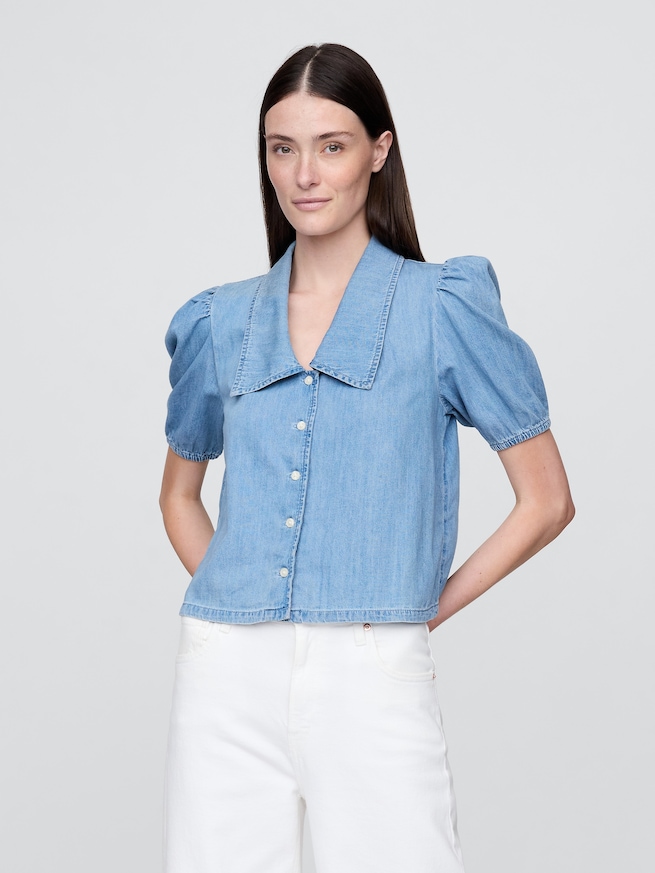 デニム パフスリーブ カラーシャツ-0