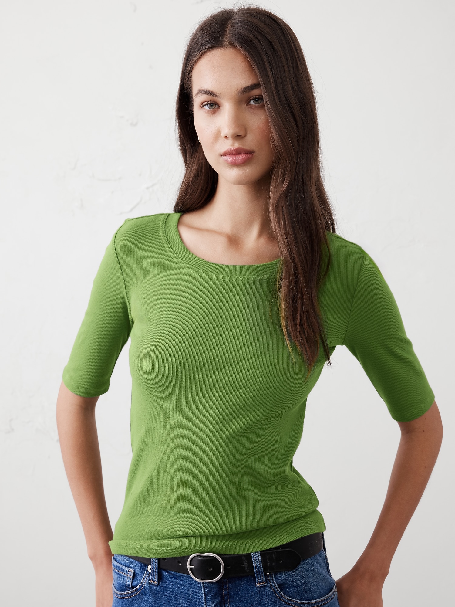 Ribbed Elbow-Sleeve T-Shirt