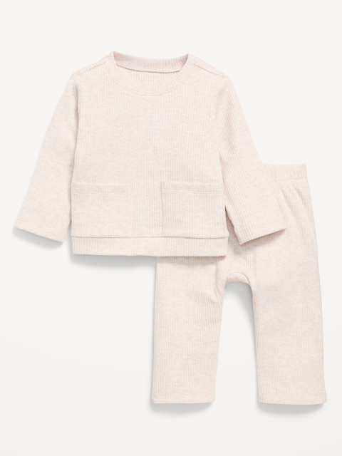 ENSEMBLE DE T-SHIRT CÔTELÉ À POCHE À MANCHES LONGUES ET PANTALON POUR BÉBÉ