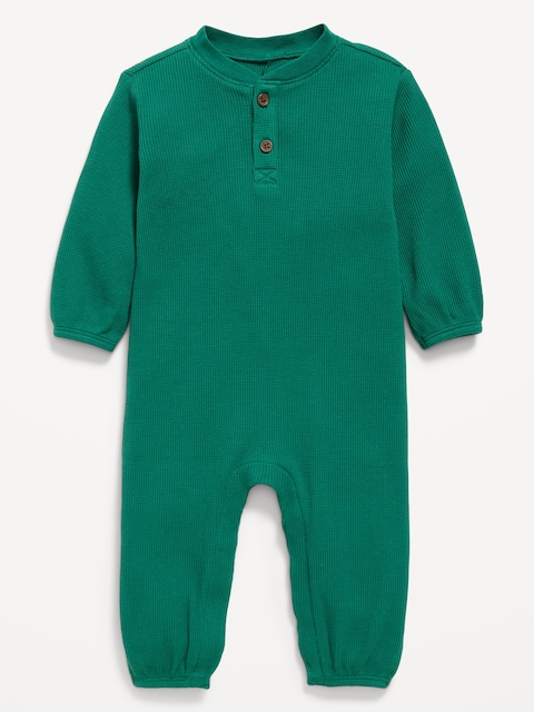 Long-Sleeve Waffle-Knit Henley One-Piece for Baby