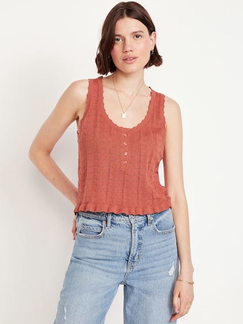 Sleeveless Pointelle Cropped Henley Top