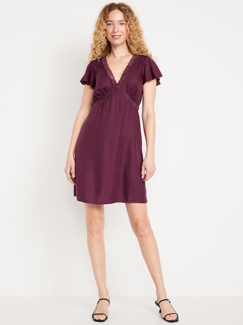 Fit & Flare Crepe Lace-Trim Mini Dress