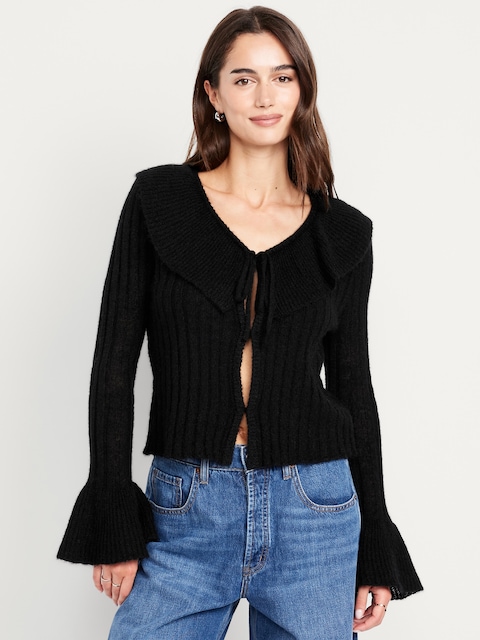 Wool-Blend Ruffle Tie-Front Cropped Cardigan